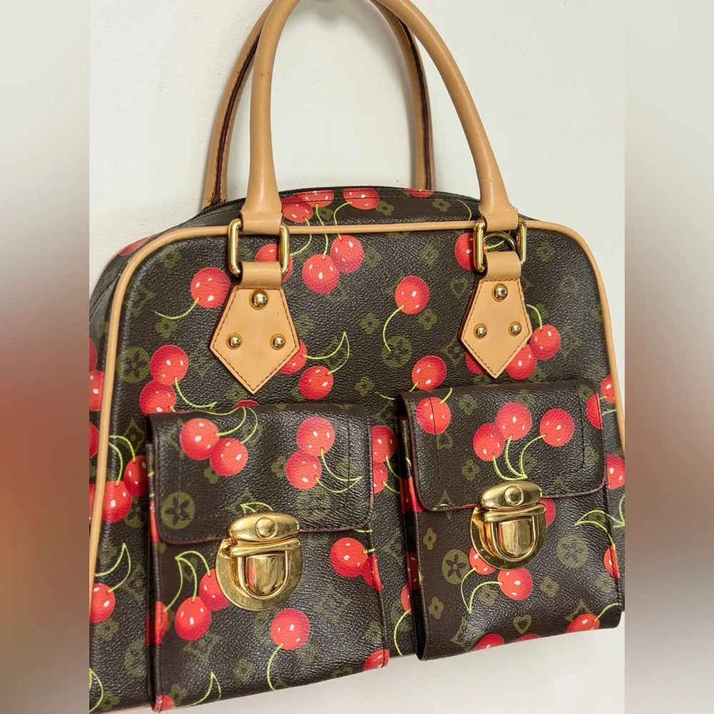 Cherry Print Satchel Handbag - Brown & Red - Picture 4 of 9